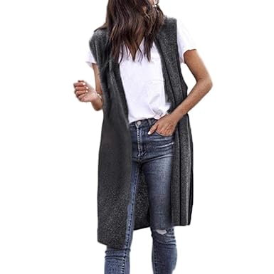 Longra Damen Wasserfall Strickjacke Cardigan Weste Offen Outwear Ärmellos Asymmetrisch Strickweste mit Schalkragen Wasserfall
