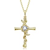 Christian Valentines Day Gift for Women, 14K Gold Plated Cross Birthstone Pendant 925 Silver Faith Religious Jewelry, Anniversary Birthday Gift for Wife Girlfriend Mom, Baptism Confirmation for Teens