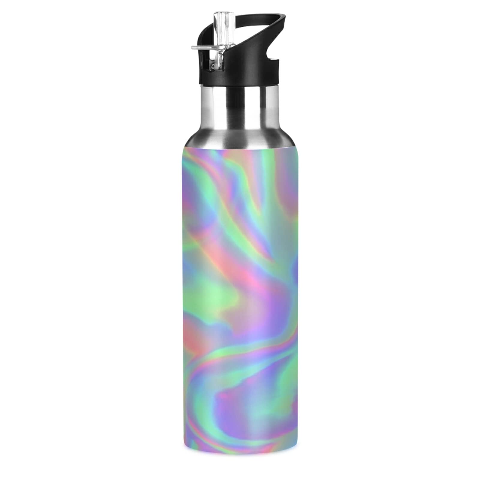 3D Psychedelic Digital Tie Dye Print Water Bottle Drink Flask with Straw Lid Insulated Stainless Steel Thermos Bottle for Boys Girls Gym Sports Leakproof 600 ml