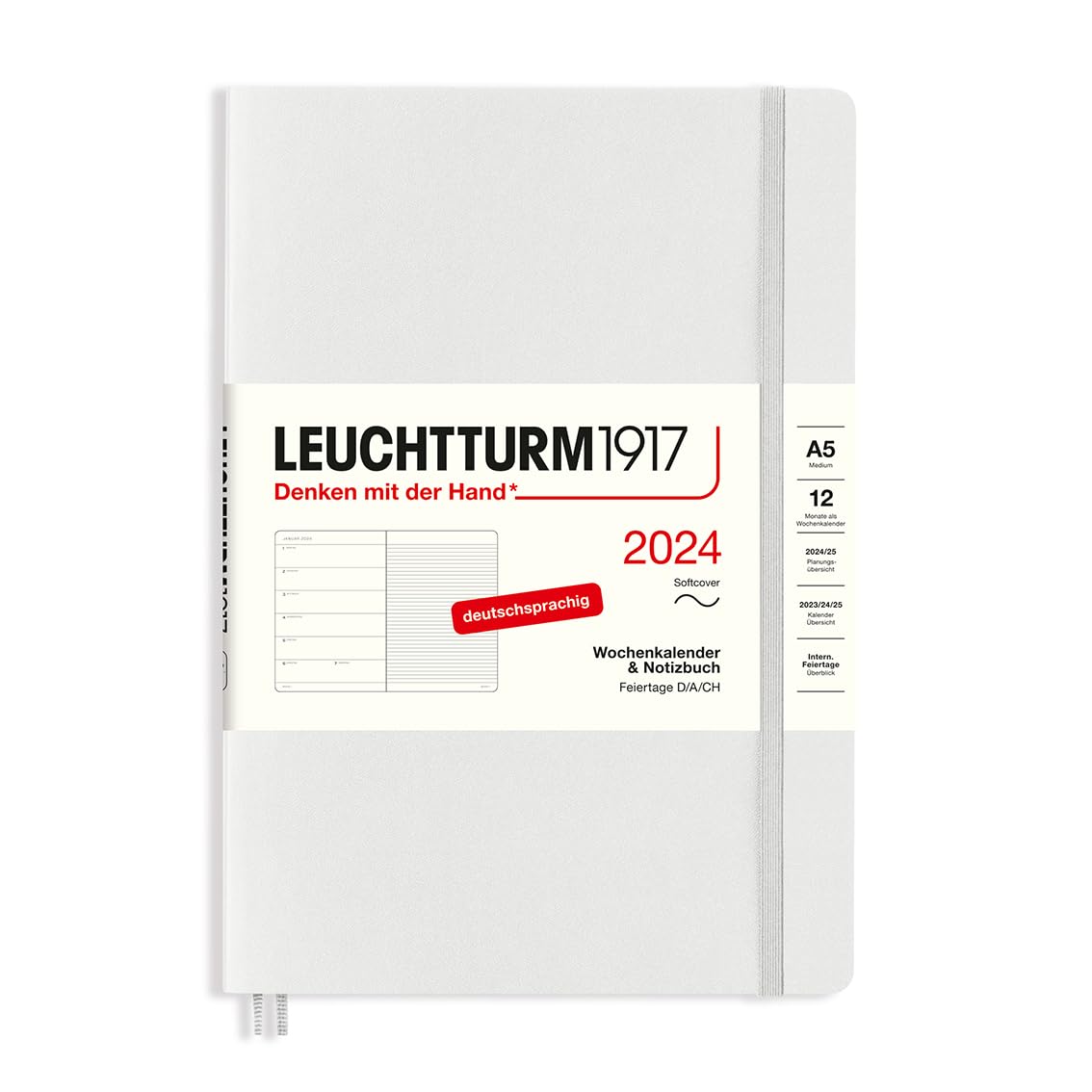 LEUCHTTURM1917 367769 Weekly Calendar & Notebook Medium (A5) 2024, Soft Cover, Light Grey, German, 12 Months