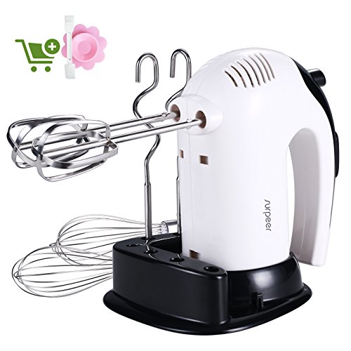 Hand Mixer Electric White 300W,SURPEER Hand Beater, Storage Base, 5