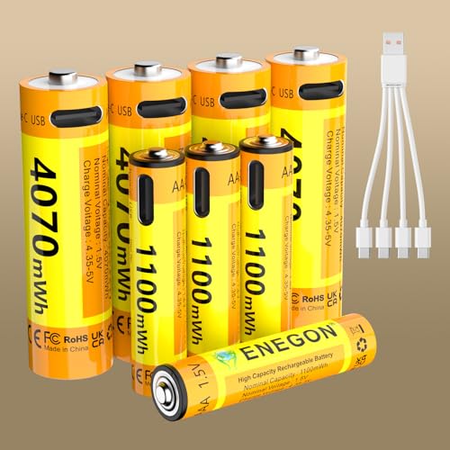 ENEGON Rechargeable AA & AAA Lithium Batteries, 4 Pack AA (4070mWh) and 4 Pack AAA (1100mWh) 1.5V Constant Voltage Batteries, Type-C Direct Fast Charge, 500+ Cycles, Built-in Safety Chip,forToys