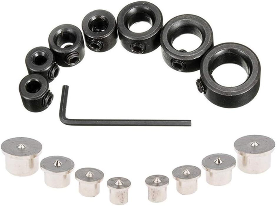 QISF 8Pcs Drill Stop Set for 1/8,3/16,1/4,5/16,3/8,7/16,1/2,5/8inch Diam Drill Depth Stop Collar Ring Bit + 8Pcs Dowel and Tenon Center Set, 6 8 10 12mm Center Dowel Pin(4Pcs Empty & 4Pcs Solid)