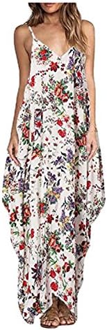 Kumer Women's Summer Boho Floral Print V Neck Dress Spaghetti Strap Pocket Long Maxi Sundress