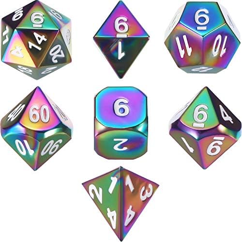 LuLyLu Set of 7 Metal Dice Polyhedral 7-Die Dice Set Role Playing Game Dice Set for Dungeons and Dragons, RPG Dice Gaming, D&D, MTG, Math Teaching with Drawstring Pouch (Rainbow)