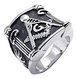 KONOV Vintage Embossed Freemason Masonic Stainless Steel Mens Ring, Black Silver