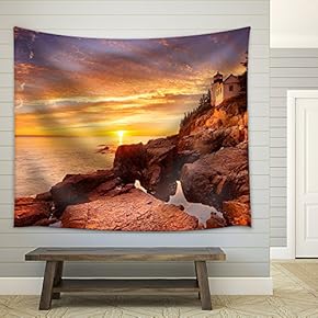 The Bass Harbor Head Lighthouse in Acadia National Park, Maine, USA. Photographed During a Spectacular Sunset. - Fabric Wall Tapestry Home Decor - 51x60 inches