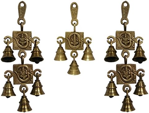 Aaradhi Vastu Om Ganesha Brass Bell Toran 5-3-5 Wall / Door Hanging Standard Yellow