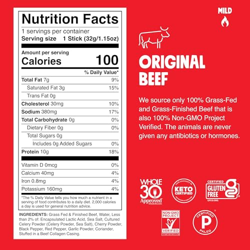 CHOMPS GRASS-FED AND FINISHED ORIGINAL BEEF JERKY SNACK STICKS 10-PACK – KETO, PALEO, WHOLE30, 10G LEAN MEAT PROTEIN, GLUTEN-FREE, ZERO SUGAR FOOD, NON-GMO