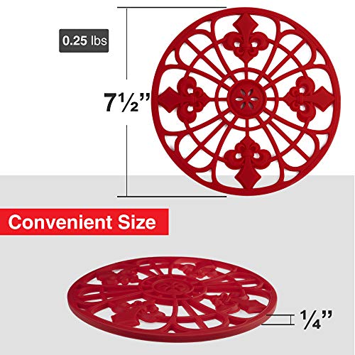Silicone Trivets Set For Hot Dishes | Modern Kitchen Hot Pads For Pots & Pans | Fleur De Lis Design (Symbol of Royalty) Mimics A Cast Iron Trivet (7.5” Round, Set of 3, Coral Red) - Thumbnail 3