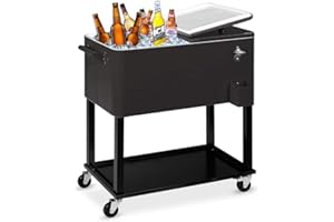 SSLine Portable Rolling Patio Cooler Ice Chest with Wheels Outdoor Cold Drink Beverage Bar Cart with Storage Shelf & Bottle Opener Home Deck Backyard Party Cooler Tub Trolley Cart