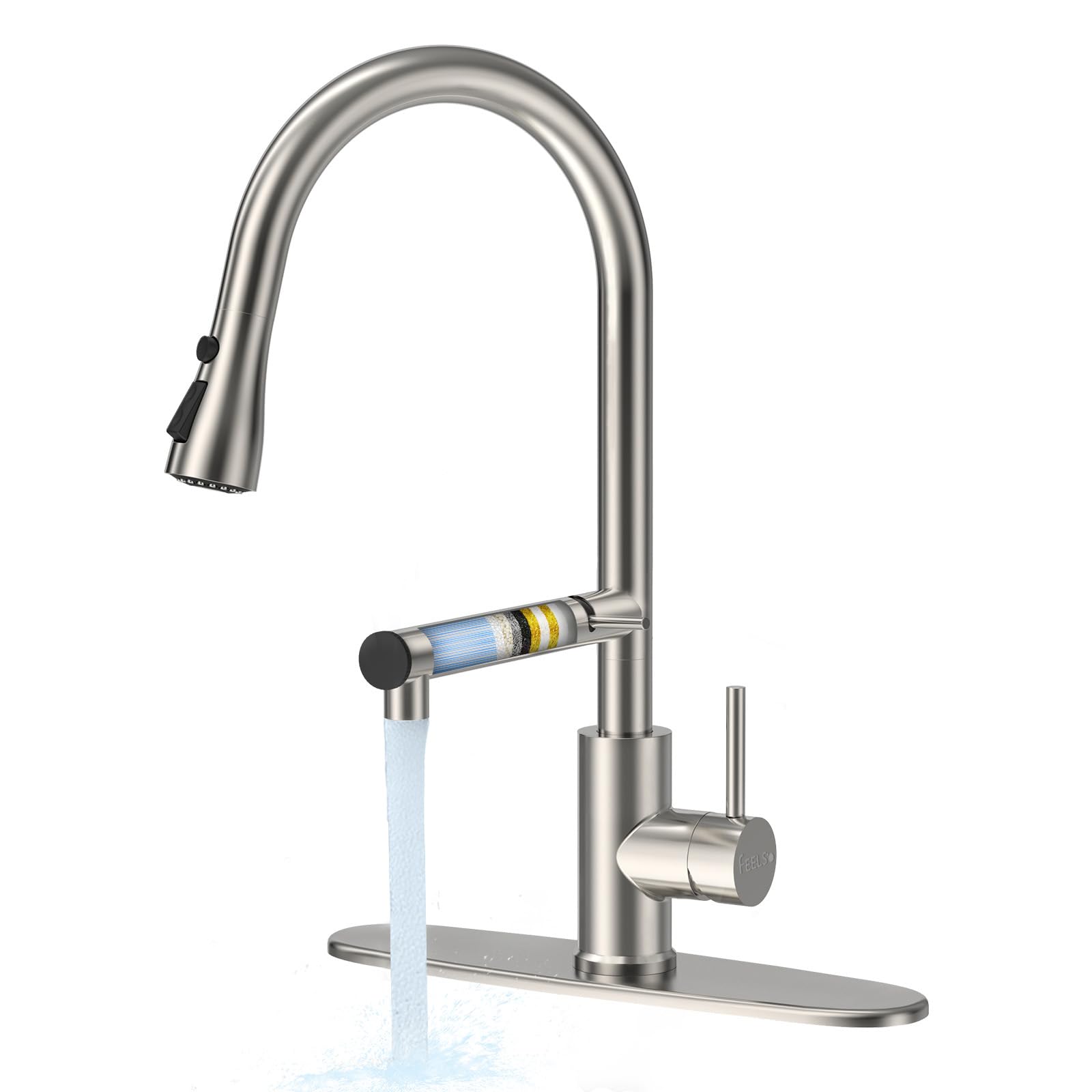 Photo 1 of FEELSO Kitchen Faucets, Upgraded Filter Water Kitchen Faucet with Pull Down Sprayer, Brushed Nickel Stainless Steel High Arc 1 Or 3 Hole Kitchen Sink Faucet for Remove Lead, Chlorine, Bad Taste & Odor