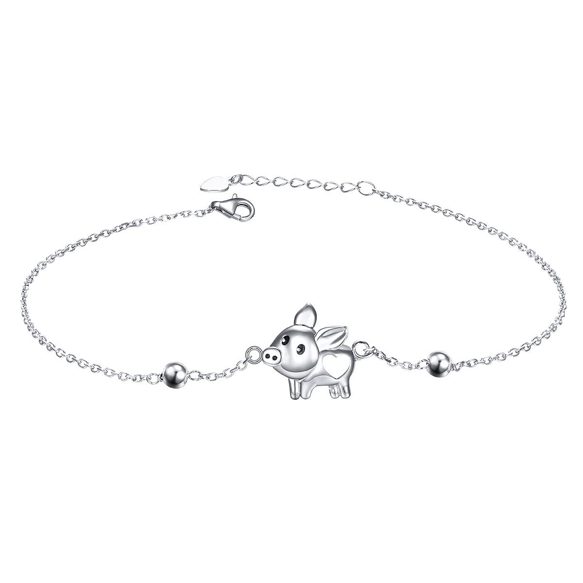 Flyow 925 Sterling Silver Anklet for Women Pig Charm Adjustable Foot Ankle Bracelet Jewelry Birthday Gift (Pig)