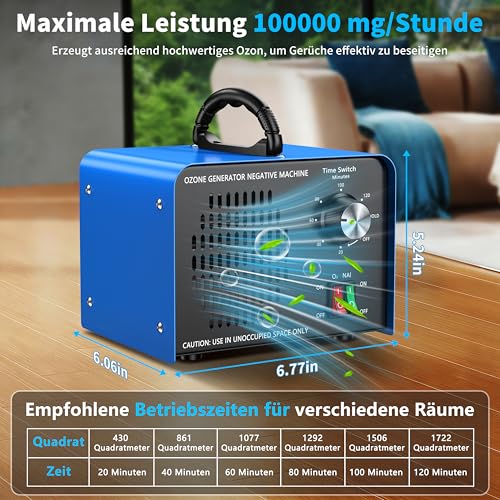 Ozone Generator 100,000 mg/h, Ozone Device with Negative Ions and 120 Minute Timer, Ozone Air Purifier for Odour Elimination for Car, Home, Pets, Smoke, Commercial/Industrial Use/Applicable 600 m² Blue