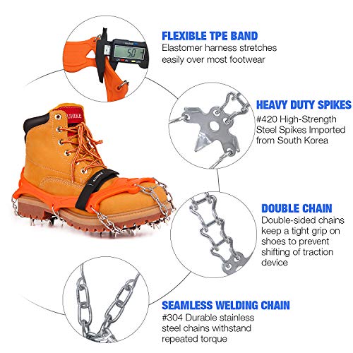 AUHIKE 19 Teeth Claws Crampons [Updated Version],Non-Slip Shoes Cover with Stainless Steel Chain for for Hiking Fishing Climbing Jogging Mountaineering Walking on Snow and Ice (Orange, L)