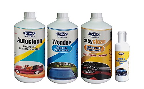 Hypo Industries Large Car Care Kit Combo 4Pcs. With FREE SPONGE APPLICATORS 4Pcs. – Car Wahing Shampoo 1Litre + Car Wndshield Glass Cleaner 1Litre + Car Interior cleaner (For Dashboard/Vinyl Leather Seat) 1Litre + Rubbing & Paint Restoration Liquid 100ml.
