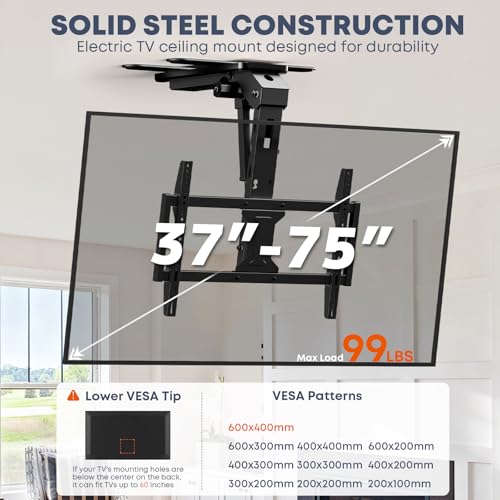 Soporte motorizado para TV de techo abatible – Montaje eléctrico de 37 a 75 pulgadas con mando a distancia, carga máxima de 100 libras, VESA máx. 600 x 400 mm, color negro