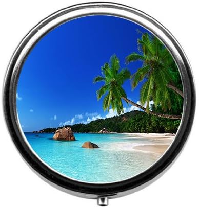 Blue sea Water and Palm Trees Pill Box/Pill case-Round Pill Box/case- Three-Compartment Pill Box/Pill case