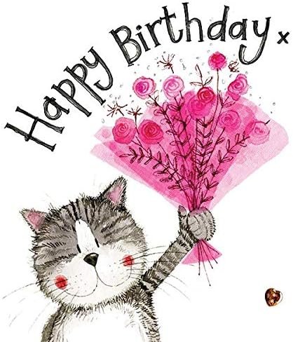 ALEX CLARK Happy Birthday Pink Bouquet Cat Foil Card, 120mm x 120mm