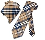Vesuvio Napoli Navy Brown White PLAID NeckTie & Handkerchief Matching Tie Set