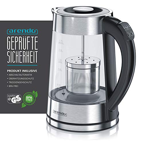 Arendo - Glas Wasserkocher mit Temperatureinstellung und Teesieb Teekocher - Einstellbare Temperaturen 40, 70, 80,100 Grad - 1,7 Liter - Abschaltautomatik - Warmhaltefunktion – Bild 3