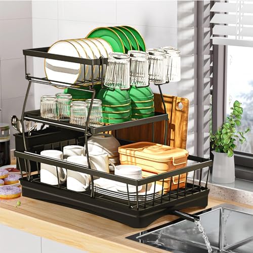 Yoawllty Dish Rack, 3 Tier Dish Drying Stand with Drain Board, Dish ...