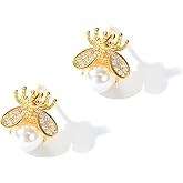 Gold Honeybee Stud Earrings Cute Bumble Bee Pearl Studs Earrings for Women Teen Girls