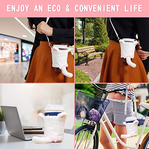ESSORT Reusable Cup Sleeve, Insulated Cold Beverage Koozies, Drink Sleeve Holder Cover, Water Bottle Hot Drinks Carrier Bag, Adjustable Cute Shoulder Bag for Milk Tea Coffee Thermos(Kitty) - Thumbnail 6