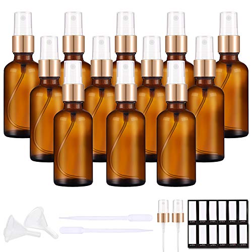 PrettyCare Glass Spray Bottles for Essential Oil 2 oz 12 Pack (Unique Amber Bottle with Golden Caps & 2 Extra Sprayer, 24 Labels and Funnels) Small Refillable Fine Mist Dispenser for Cleaning Product