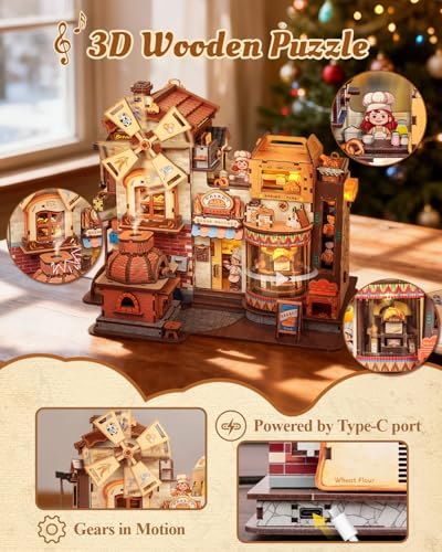 CUTEBEE 3D Holzpuzzle Bread Factory – Modellbau Holz Bausatz für Erwachsene mit LED, Musik & rotierenden Mechanismen, 576-teiliges Miniatur-Haus, Holzbausatz DIY, Bücherregal-Deko, Geschenkidee