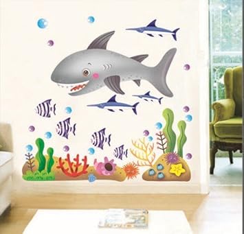 Cartoon Big Shark Seabed Adventure Bath Room Decor Nursery Wall Decal Peel Stick Girls Baby S Bedroom Playroom Decor Mural