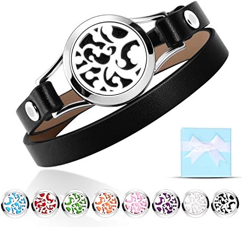 Essential Oil Bracelets, Aromatherapy Bracelet Jewelry Leather Band with 8 Colour Refill Pads Unique Gifts for Women, Stainless Steel Essential Oil diffuser Bracelet (Black)
