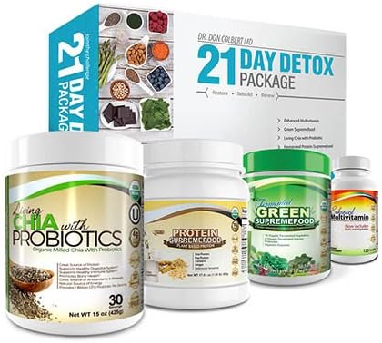 Don Colbert MD 21 Day Detox Package - 30 Day Milled Chia Plus Probiotics - 30 Day Enhanced Multivitamin Plus Minerals - 21 Day Vegan Protein Powder - 30 Day Green Supremefood Plus Enyzmes & Herbs