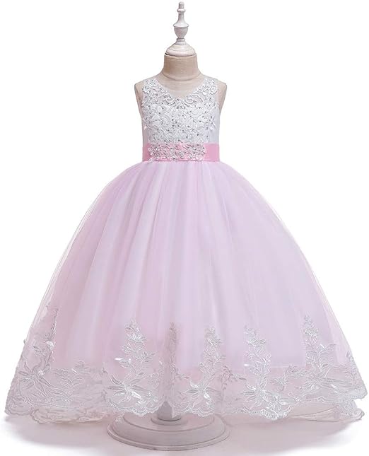 Amazon Co Jp 子供ドレス ロングドレス 子供ドレス刺繍オープンバックふわふわプリンセスウェディングドレスロングドレス 演奏会 フォーマル 入園式 結婚式 ワンピース 色 Pink Size 140cm ホーム キッチン