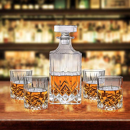 5 Piece Decanter Set - Heavy Based Old Fashioned Irish Cut Glassware for Whiskey, Scotch, Juice - Ideal for Dinner, Parties, and Special Events