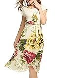 OURS Women's Short Sleeve Crewneck Chiffon Floral Printed Midi Party Dress