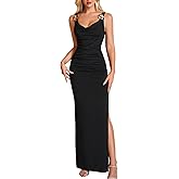HTZMO Women's Formal Bodycon Maxi Dress Cowl Neck Ruched Slit Wedding Guest Cocktail Party Elegant Long Dresses