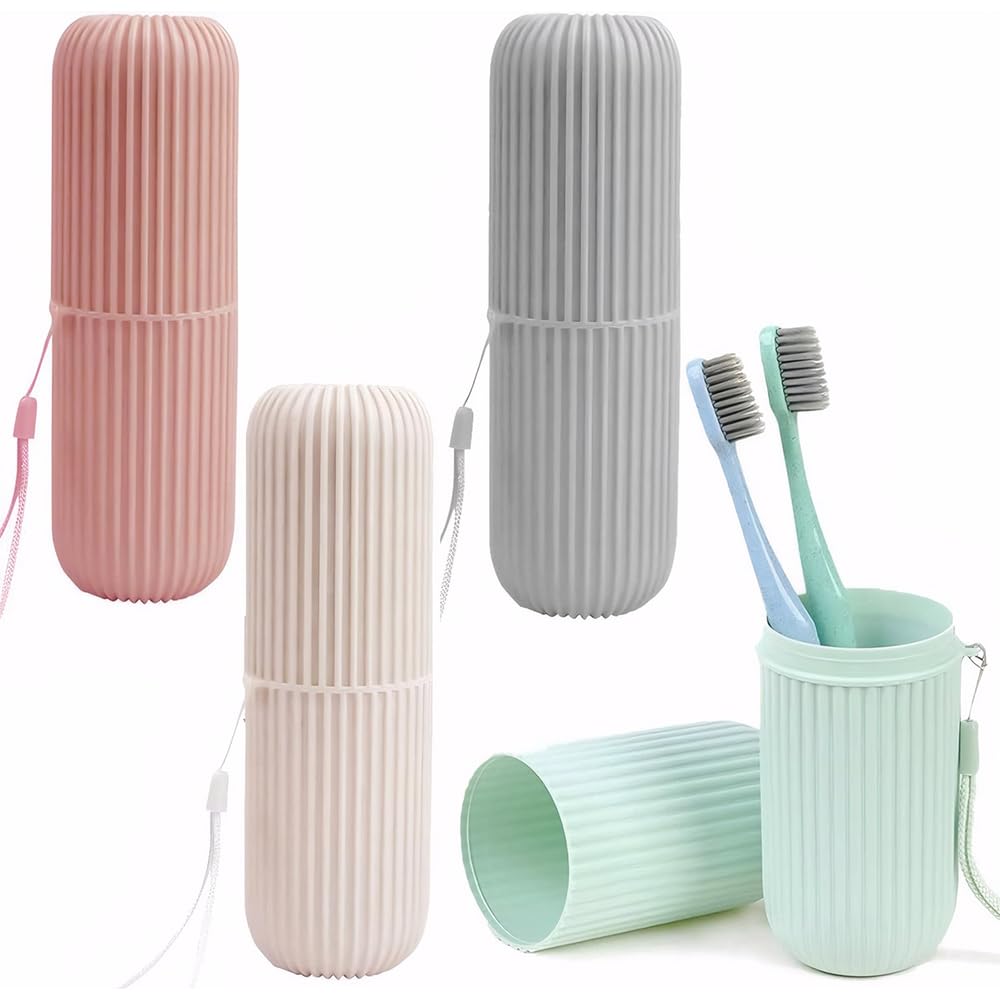 Travel Toothbrush Case, 4 Pcs Ridged Design Portable Toothbrush Case with Carrying Strap, Waterproof Toothbrush Covers Holder for Toothpaste and Dental Care Storage for Travel Camping