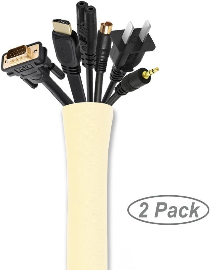 Cable Management Sleeve, [2 Piece], Kosse Cord Management Organizer System for Computer/TV / Home Entertainment, 40 inch Flexible Cable Cord Sleeve Wrap Cover Organizer, fix the Cable Mess -Ivory