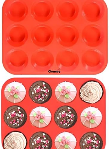 12 Cup Silicone Muffin Quiche Pan - Cupcake Baking Pan/Cake Mold/Nonstick Silicone Mold/Easy to Clean, Non Toxic Bakeware, BPA Free Dishwasher &amp; Microwave Safe by Chamby (Red)
