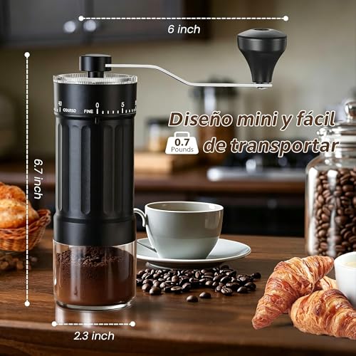 Molinillo de Café Manual Grosor Ajustable,Molinillo de Café 40 Ajustes Ajustables,Coffee Grinder Portátil con Tarros de Cristal para Coffee Grinder Portátil Ideal uso Doméstico Campamento (Negro)