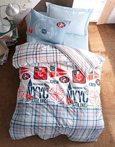 OZINCI 100% Cotton Sailing Nautical Bedding Set, New York Yacht Club and Compass Themed Single/Twin Size Duvet Cover Set, Kids Bed Set, Comforter Included (4 Pieces)