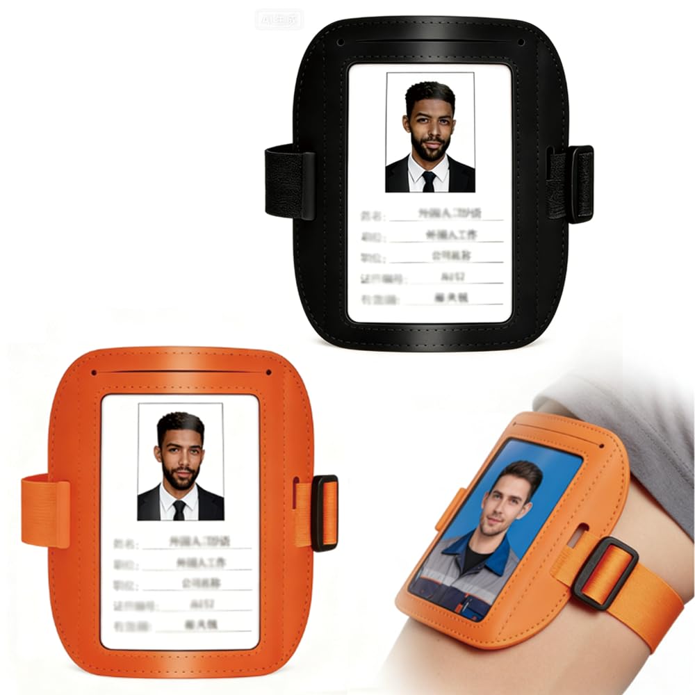 Photo 1 of 2 Pack Black and Orange Leather ID Badge Holder, Adjustable Arm Band, Waterproof Card Holder with Elastic Band for Work, Office, Ski Pass, Business Supplies
