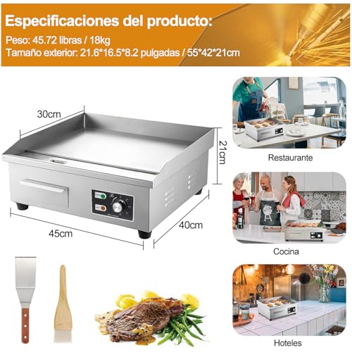 WELIKERA Plancha Eléctrica Comercial de 17 Pulgadas, Inoxidable Plancha de Encimera Eléctrica Industrial, Control de Temperatura Ajustable, Parrilla Plana Eléctrica para Restaurante,110V, 3000W
