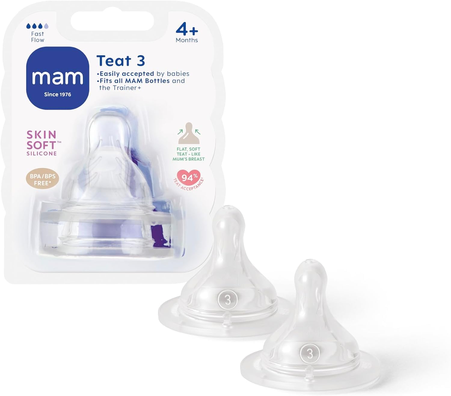MAM Teats Size 3 | 2 Pack | Fast Flow | Suitable from 4+ Months | Fits All MAM Bottles | Made from SkinSoft Silicone | Baby Accessories