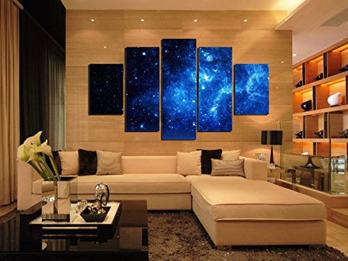 PulsatingFingertip-5 Panel Beautiful Starry Sky Modern Giclee Canvas Prints Blue Stars Canvas Oil Painting Wall Art for Home and office Decorations No Frame