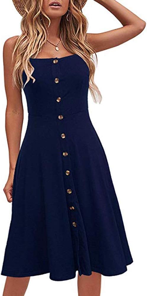 Women's Casual Beach Summer Dresses Solid Cotton Flattering A-Line Spaghetti Strap Button Down Midi Sundress