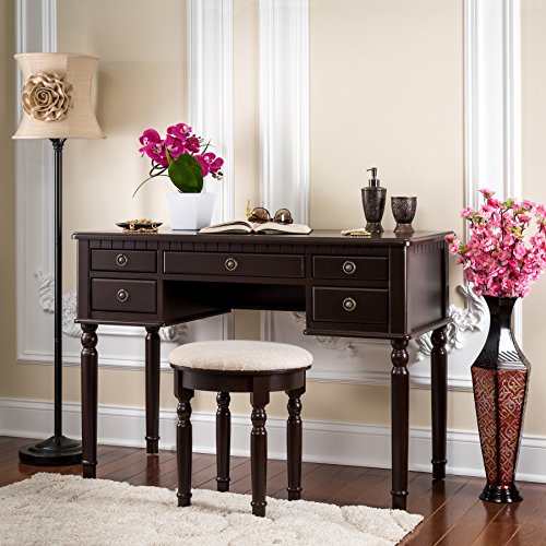 Fineboard Dressing Set With Stool Beauty Station Makeup Table Three Mirror Vanity Set, 5 Organization Drawers, Brown