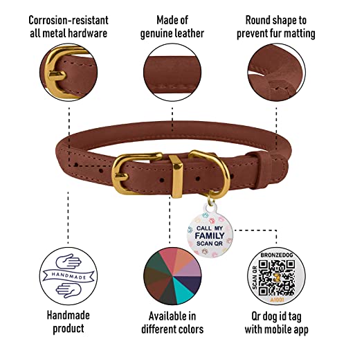 Rolled Leather Dog Collar with QR ID Tag Adjustable Soft Round Collars