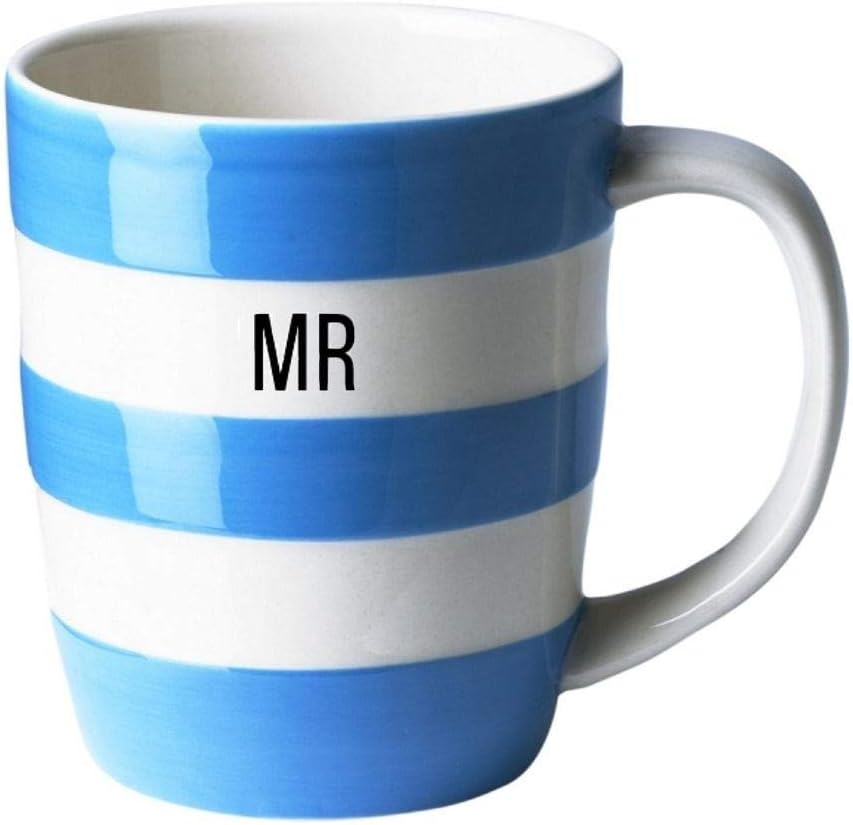 Cornishware Blue and White Stripe Coffee Cup Mug, 12oz Personalised with 'MR', Made in UK